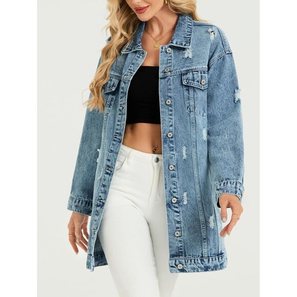 Long Denim Jacket Women Oversized Ripped Casual Fall Streetwear - Picture 3 of 6